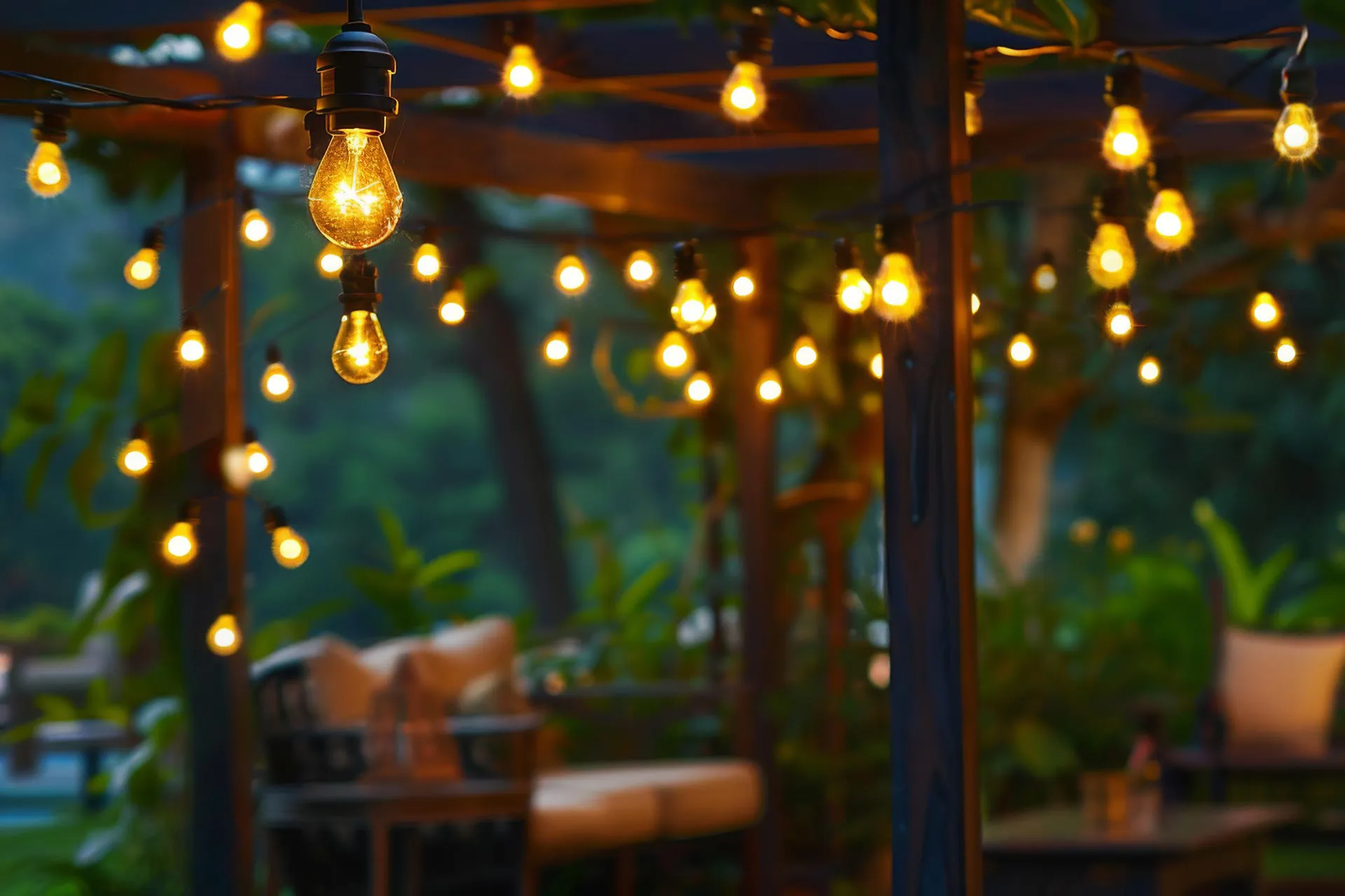 A back yard patio with string lights creating soft golden light.