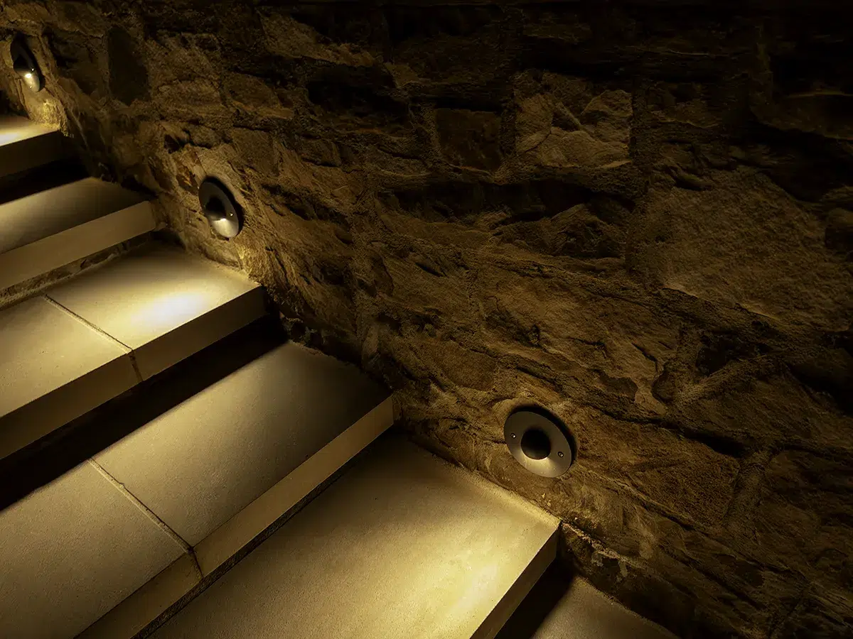 Stairs in the back yard of a Nashville home with professional landscape lighting installed