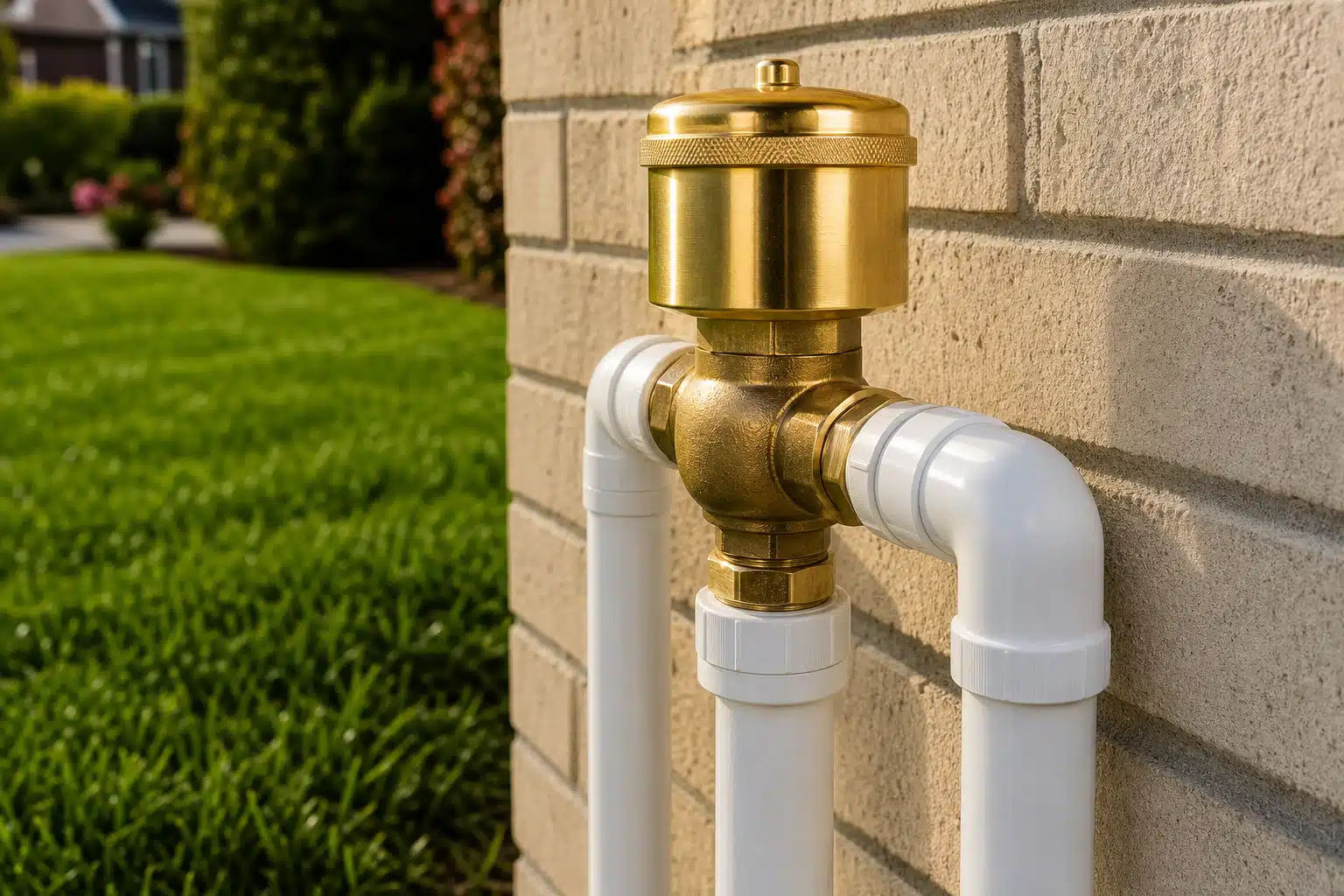 Brass irrigation backflow preventer on PVC pipes, Nashville suburban home