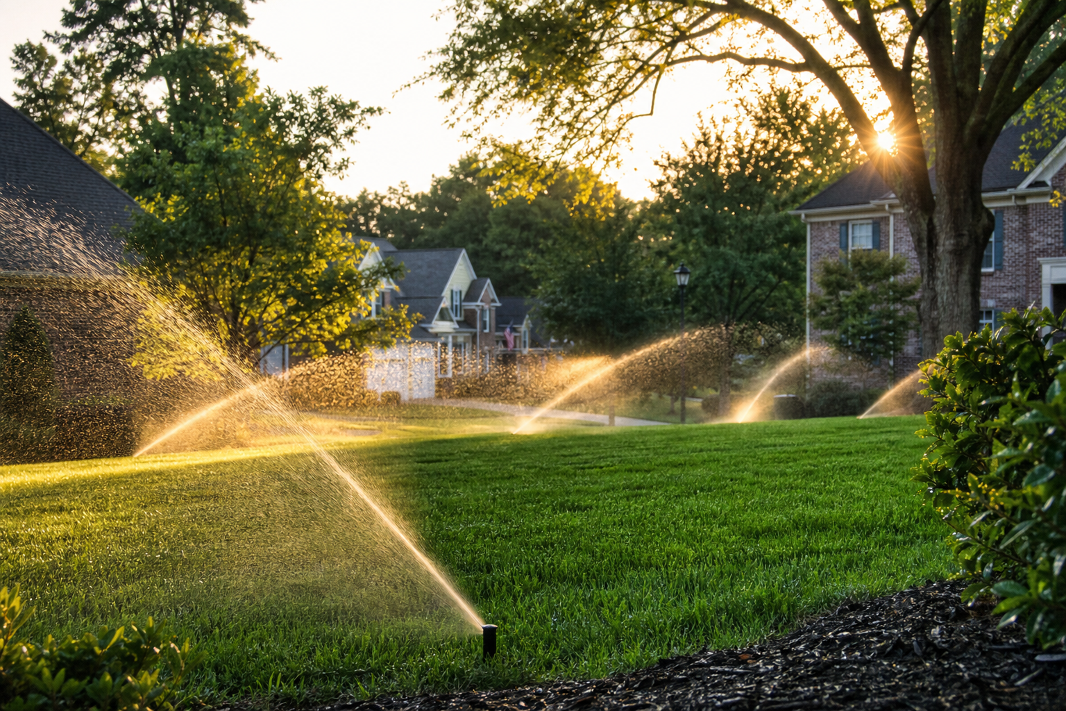 Automatic sprinkler system running on Nashville Tennessee residential lawn at golden hour