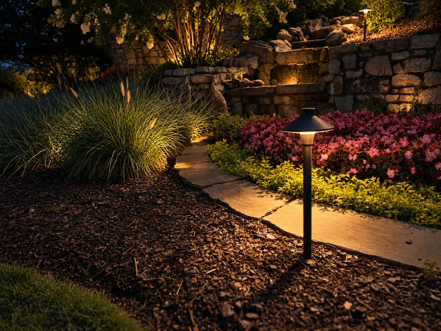 Irrigation technicians digging a trench for a new sprinkler system installation while a customer's golden retriever watches. a low-voltage landscape lighting installation in Franklin, TN