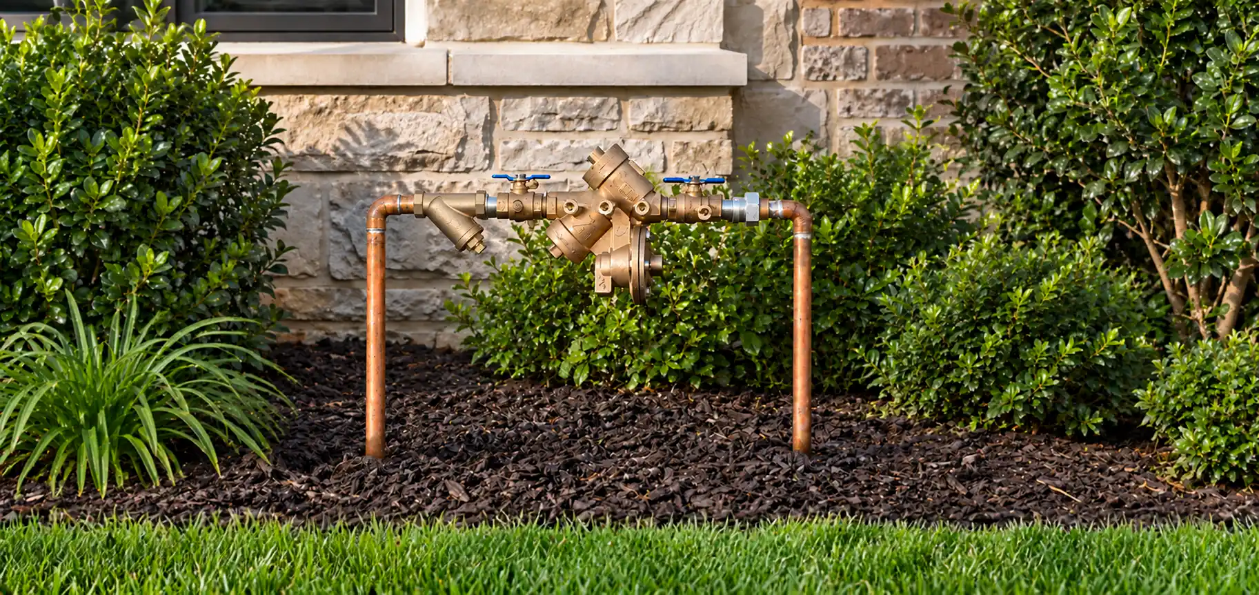 Brass pressure vacuum breaker backflow preventer on irrigation system, Nashville TN